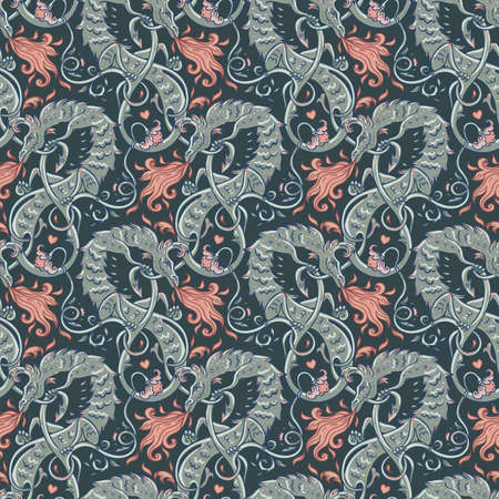 Mythological magic beast Basilisk, legendary bizarre creature. Seamless pattern design in medieval style. Dragon, burning flame. Repetition background. Wrapping paper, wallpapers. Vector illustration.のイラスト素材