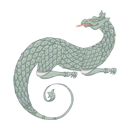 Fantasy creature dragon. Medieval Heraldic coat of arms crest shield emblem - Vector illustration for sticker, poster, banner, web, t-shirt print, pin, bag print, badge. isolated artwork.のイラスト素材