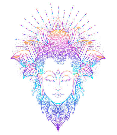 Buddha face over ornate mandala round pattern. Esoteric vintage vector illustration. Indian, Buddhism, spiritual art. Hippie tattoo, spirituality, Thai god, yoga zen Coloring book pages for adults.のイラスト素材