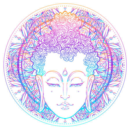 Buddha face over ornate mandala round pattern. Esoteric vintage vector illustration. Indian, Buddhism, spiritual art. Hippie tattoo, spirituality, Thai god, yoga zen Coloring book pages for adults.のイラスト素材