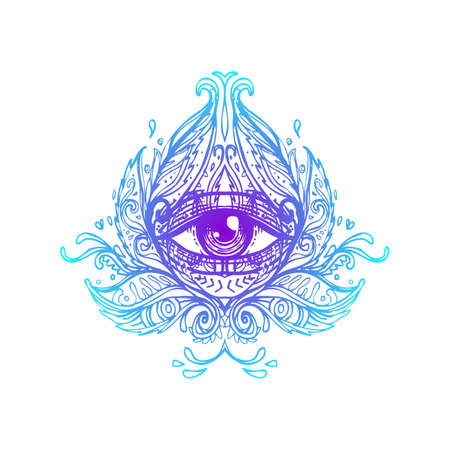 Sacred geometry symbol with all seeing eye in acid colors. Mystic, alchemy, occult concept. Design for indie music cover, t-shirt print, psychedelic poster, flyer. Astrology, esoteric, religion.のイラスト素材