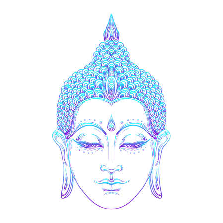 Buddha face. Esoteric vintage vector illustration. Indian, Buddhism, spiritual art. Hippie tattoo, spirituality, Thai god, yoga zen Coloring book pages for adults.のイラスト素材