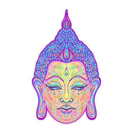 Ornate mandala patterned face of Lord Buddha. Esoteric vintage vector illustration. Indian, Buddhism, spiritual art. Hippie tattoo, spirituality, Thai god, yoga mat design.のイラスト素材