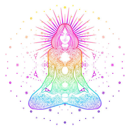 Chakra concept. Girl sitting in lotus position over colorful ornate mandala. Vector ornate decorative illustration isolated on white. Buddhism esoteric motifs. Tattoo, spiritual yoga.のイラスト素材