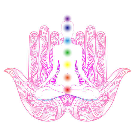 Human silhouette sitting in lotus position with chakras over hamsa symbol on background. Vector illustration of a girl isolated. Ornate hand drawn hamsa. Popular Arabic and Jewish amulet.のイラスト素材