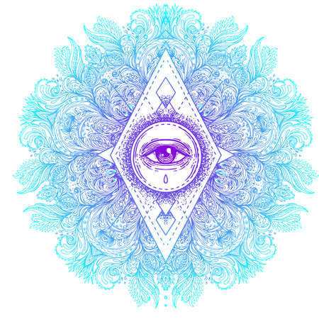Sacred geometry symbol with all seeing eye in acid colors. Mystic, alchemy, occult concept. Design for indie music cover, t-shirt print, psychedelic poster, flyer. Astrology, esoteric, religion.のイラスト素材