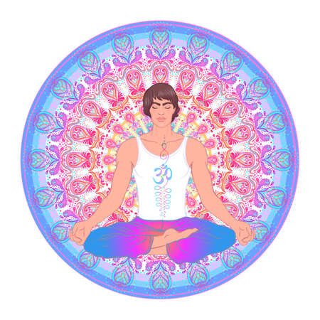 Beautiful Caucasian Man sitting in Lotus pose with ornate mandala on background. Vector illustration. Spa consent, yoga studio, or natural medicine clinic.のイラスト素材