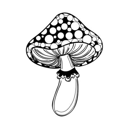 Magic mushrooms. Psychedelic hallucination. Outline vector illustration isolated on white. 60s hippie art. Coloring book for kids and adults.のイラスト素材