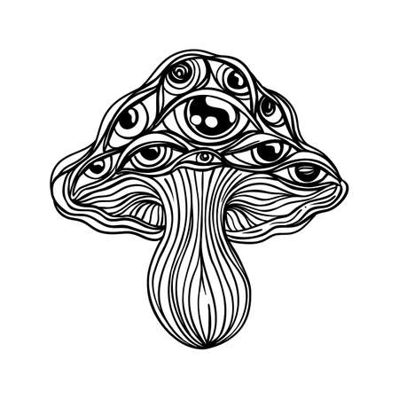 Magic mushrooms. Psychedelic hallucination. Outline vector illustration isolated on white. 60s hippie art. Coloring book for kids and adults.のイラスト素材