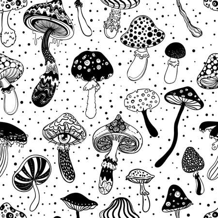 Magic mushrooms seamless pattern. Psychedelic hallucination. 60s hippie colorful art. Vintage psychedelic textile, fabric, wrapping, wallpaper. Vector repeating illustration.のイラスト素材