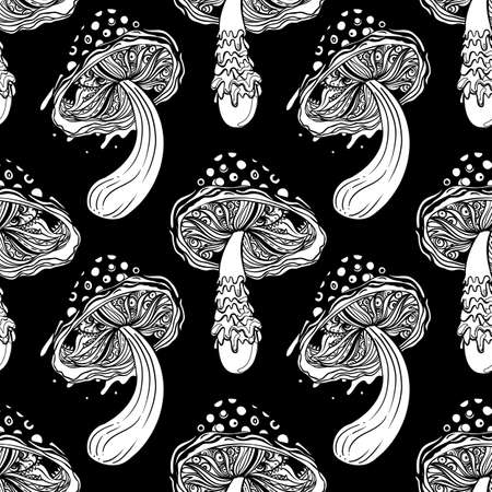 Magic mushrooms seamless pattern. Psychedelic hallucination. 60s hippie colorful art. Vintage psychedelic textile, fabric, wrapping, wallpaper. Vector repeating illustration.のイラスト素材