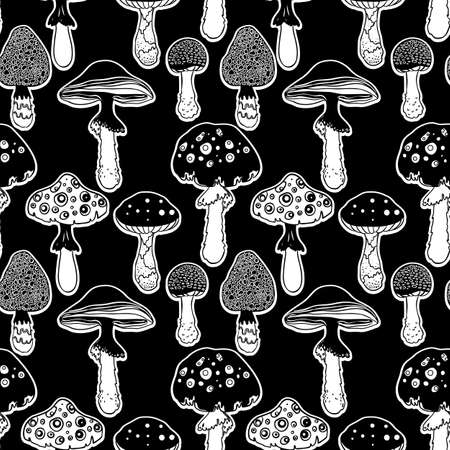 Magic mushrooms seamless pattern. Psychedelic hallucination. 60s hippie colorful art. Vintage psychedelic textile, fabric, wrapping, wallpaper. Vector repeating illustration.のイラスト素材