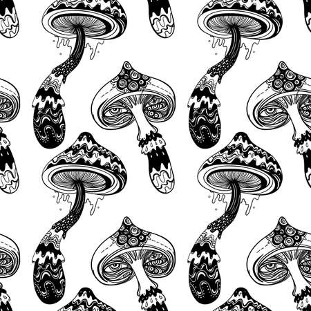 Magic mushrooms seamless pattern. Psychedelic hallucination. 60s hippie colorful art. Vintage psychedelic textile, fabric, wrapping, wallpaper. Vector repeating illustration.のイラスト素材