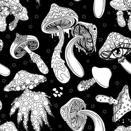 Magic mushrooms seamless pattern. Psychedelic hallucination. 60s hippie colorful art. Vintage psychedelic textile, fabric, wrapping, wallpaper. Vector repeating illustration.のイラスト素材
