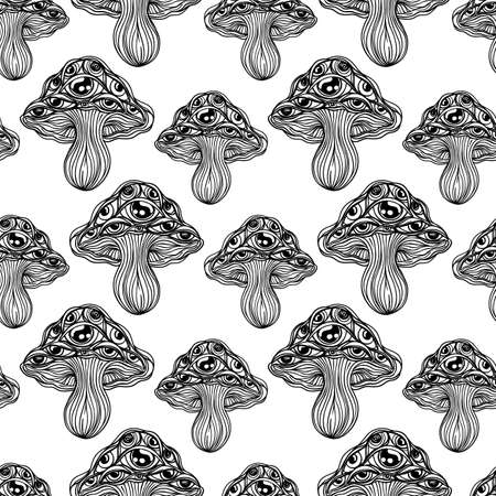 Magic mushrooms seamless pattern. Psychedelic hallucination. 60s hippie colorful art. Vintage psychedelic textile, fabric, wrapping, wallpaper. Vector repeating illustration.のイラスト素材