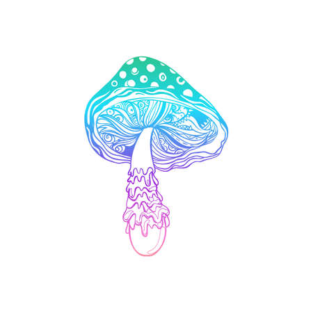 Magic mushrooms. Psychedelic hallucination. Gradient colorful vector illustration isolated on white. 60s triply hippie art.のイラスト素材