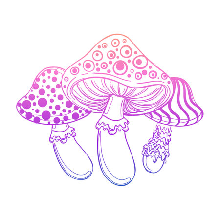 Magic mushrooms. Psychedelic hallucination. Gradient colorful vector illustration isolated on white. 60s triply hippie art.のイラスト素材