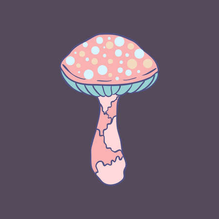 Magic mushroom. Psychedelic hallucination. Vector illustration in pastel colors isolated. 60s trippy hippie art for sticker, patch or poster design.のイラスト素材