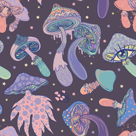 Magic mushrooms. Psychedelic hallucination. Vibrant vector illustration. 60s hippie colorful background, hippie and boho texture. Ttrippy wallpaper.のイラスト素材