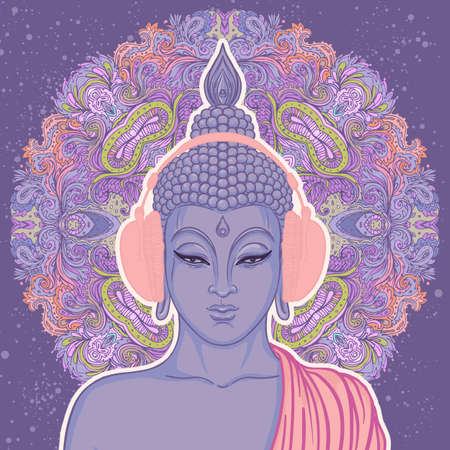 Modern Buddha listening to the music in headphones. Vector illustration. Vintage psychedelic composition. Buddhism, trance music. Tattoo, yoga, spirituality.のイラスト素材