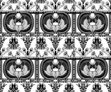 Ancient Egypt. Vintage black and white seamless pattern with Egyptian gods and symbols. Retro hand drawn vector repeating illustration. Ra, Anubis, Sekhtmet, Cleopatra, pyramid.のイラスト素材