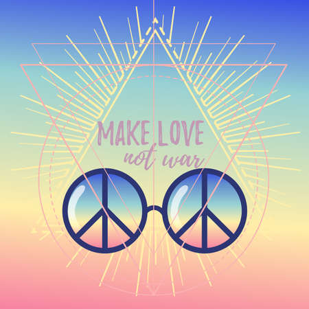Make love not war. Rainbow hippie sun glasses with peace sign. Vector illustration over sacred geometry background. Modern hipster insignia. Psychedelic concept. Buddhism, trance music. Esoteric art.のイラスト素材