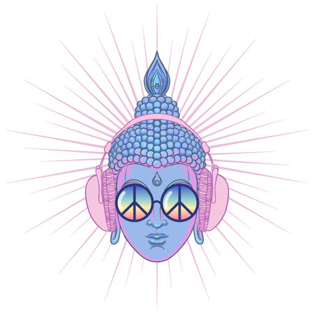 Peace and Love. Colorful Buddha in rainbow glasses listening to the music in headphones. Vector illustration. Hippie peace sign on sunglasses. Psychedelic concept. Buddhism, trance music. Esoteric artのイラスト素材