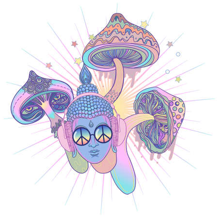 Lord Buddha over colorful neon background. Vector illustration. Psychedelic mushroom composition. Indian, Buddhism, Spiritual Tattoo, yoga, spirituality. Sticker, patch, 60s hippie art.のイラスト素材
