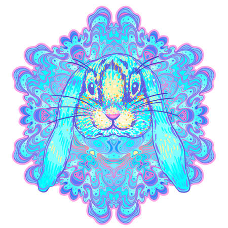 Hand drawn rabbit over mandala pattern, isolated vector illustration. Tattoo sketch. Cute easter symbol of 2023 new year over round mandala pattern.のイラスト素材