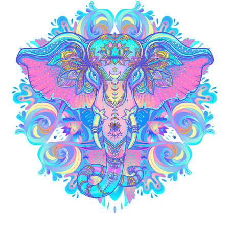 Beautiful hand-drawn tribal style elephant over mandala. Colorful design with boho pattern, psychedelic ornaments. Ethnic poster, spiritual art, yoga. Indian god Ganesha, Indian symbol. T-shirt print.のイラスト素材