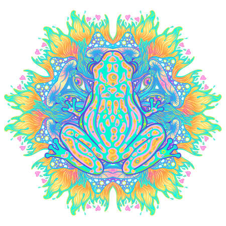Green frog in acid colors. Hippie style. Totem animal. Vector illustration for sticker, poster, banner, web, t-shirt print, pin, bag print, badge. isolated artwork.のイラスト素材