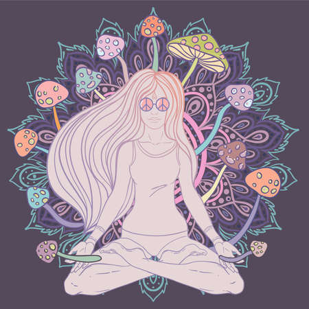 Meditating Girl sitting in lotus position over ornate colorful mandala background with mushrooms. Vector illustration. Psychedelic composition. Buddhism esoteric motifs. Tattoo, spiritual yoga.のイラスト素材