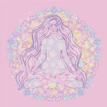 Beautiful Girl sitting in lotus position over ornate colorful mandala background. Vector illustration. Psychedelic mushroom composition. Buddhism esoteric motifs. Tattoo, spiritual yoga.のイラスト素材