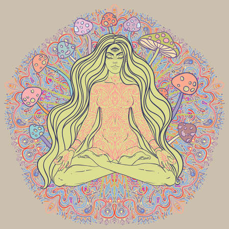 Meditating Girl sitting in lotus position over ornate colorful mandala background with mushrooms. Vector illustration. Psychedelic composition. Buddhism esoteric motifs. Tattoo, spiritual yoga.のイラスト素材