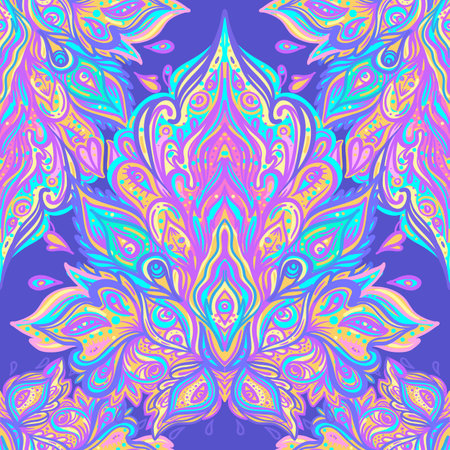 Vector ornamental Lotus floral seamless pattern design, ethnic art, patterned Indian paisley. Hand drawn illustration. Tattoo, astrology, alchemy, boho and magic symbol.のイラスト素材