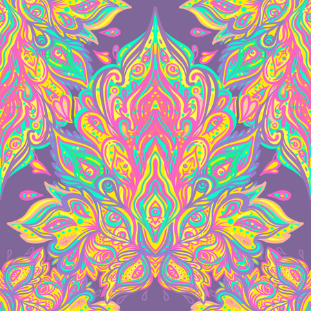 Vector ornamental Lotus floral seamless pattern design, ethnic art, patterned Indian paisley. Hand drawn illustration. Tattoo, astrology, alchemy, boho and magic symbol.のイラスト素材