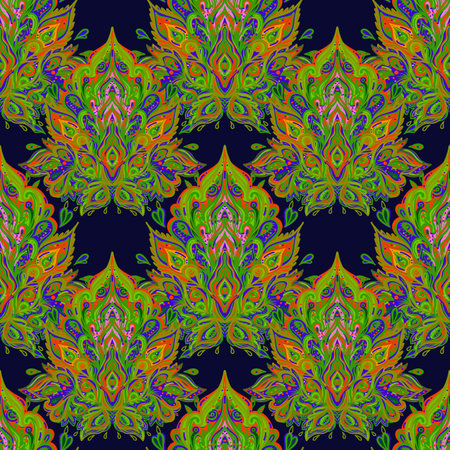 Vector ornamental Lotus floral seamless pattern design, ethnic art, patterned Indian paisley. Hand drawn illustration. Tattoo, astrology, alchemy, boho and magic symbol.のイラスト素材