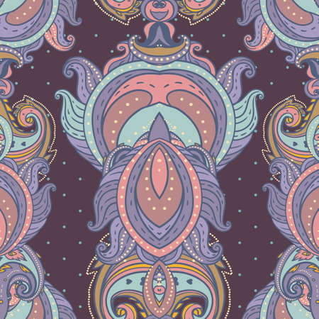 Floral paisley indian vector colorful ornate seamless pattern. Hand drawn design in ethnic Indian style. Mystic abstract background, hippie and boho texture. Occult and tribal fusion trippy wallpaper.のイラスト素材