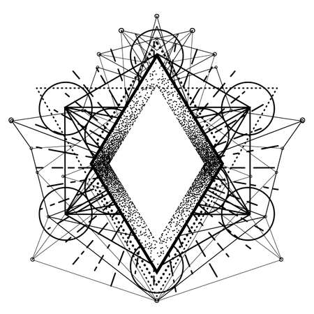 Black frame. Sacred Geometry. Ayurveda symbol of harmony and balance, and universe. Tattoo flesh design, yoga  . Boho print, poster, t-shirt textile. Anti stress book. Isolated vector illustration.のイラスト素材