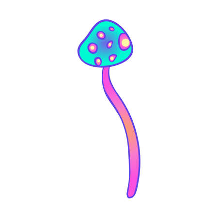 Magic mushrooms. Psychedelic hallucination. Vibrant vector illustration isolated on white. 60s hippie colorful art in vivid acid colors. Sticker, patch, poster graphic design.のイラスト素材