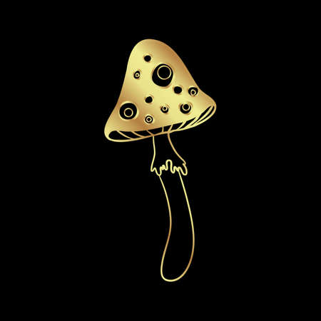 Magic mushrooms. Psychedelic hallucination. Gold vector illustration isolated on black. 60s hippie art. Coloring book for kids and adults.のイラスト素材