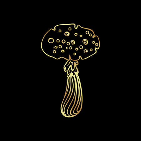 Magic mushrooms. Psychedelic hallucination. Gold vector illustration isolated on black. 60s hippie art. Coloring book for kids and adults.のイラスト素材