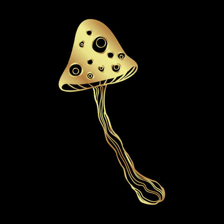 Magic mushrooms. Psychedelic hallucination. Gold vector illustration isolated on black. 60s hippie art. Coloring book for kids and adults.のイラスト素材