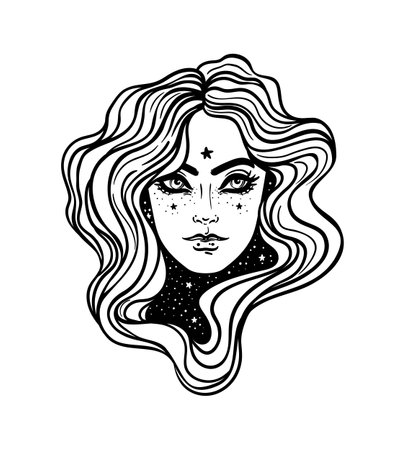 Young beautiful witch. Mystic character. Alchemy, spirituality, occultism, tattoo art. Isolated black and white vector illustration. Halloween concept. Wiccan woman.のイラスト素材
