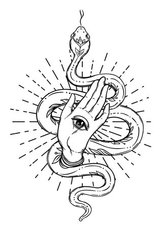 Magic hand and snake. Fortune telling concept. Spiritual Palmistry symbol logo and temporary tattoo. Esoteric mystical black silhouette serpent for magic witch craft. Vector outline illustration.のイラスト素材