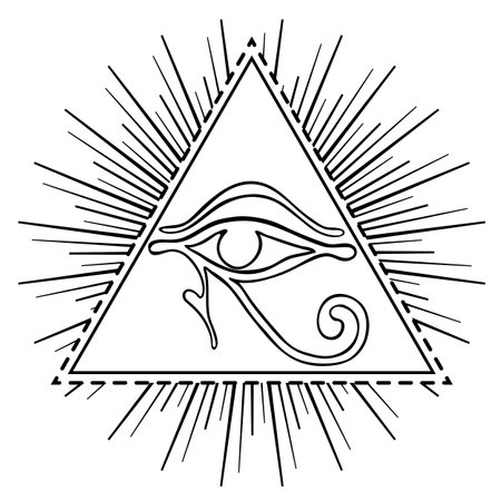 Wadjet in pyramid, ancient Egyptian symbol of protection, royal power, good health. Eye of Horus. All seeing eye sign. Alchemy, religion, spirituality, occultism, tattoo. Isolated vector illustration.のイラスト素材