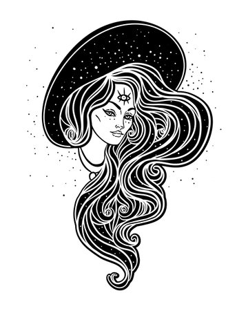 Young beautiful witch. Mystic character. Alchemy, spirituality, occultism, tattoo art. Isolated black and white vector illustration. Halloween concept. Wiccan woman.のイラスト素材