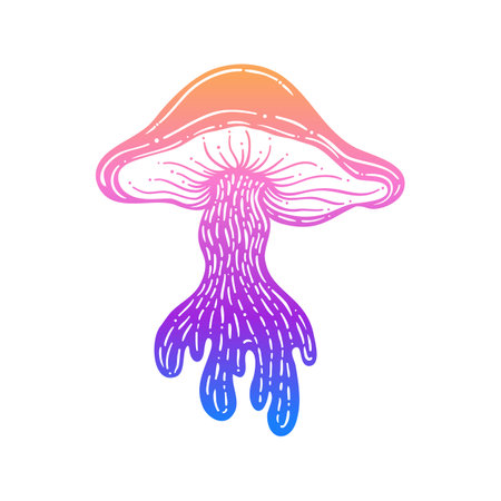 Magic mushrooms. Psychedelic hallucination. Gradient colorful vector illustration isolated on white. 60s trippy hippie art.のイラスト素材
