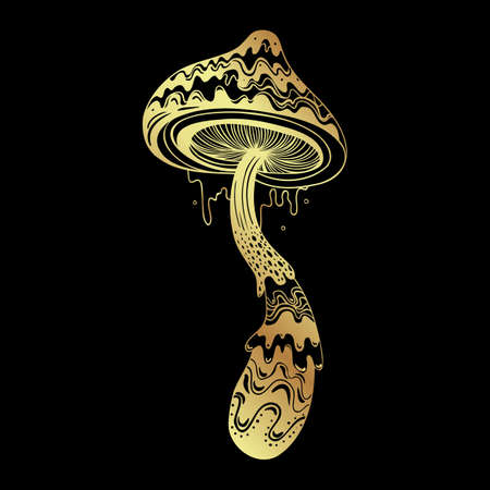 Magic mushrooms. Psychedelic hallucination. Gold vector illustration isolated on black. 60s hippie art. Coloring book for kids and adults.のイラスト素材