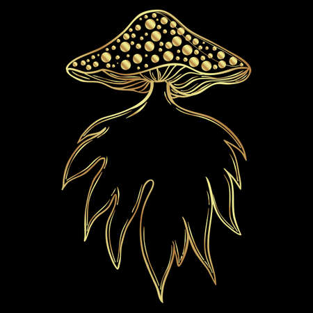 Magic mushrooms. Psychedelic hallucination. Gold vector illustration isolated on black. 60s hippie art. Coloring book for kids and adults.のイラスト素材